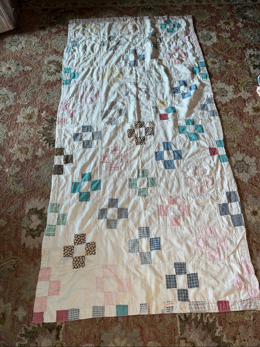 Antique handmade runner or throw quilt 72” x 38” patchwork cutter